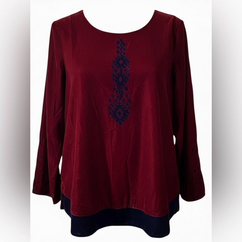 Elegant Benares Burgundy & Blue Women's Top Small Long Sleeves Decorative